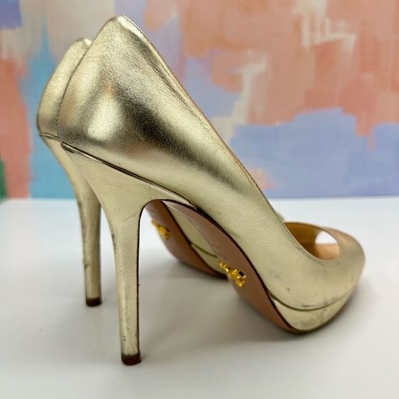 Prada Gold Platform Peep Toe Pump Heels Size 37.5 w/ Original Box Retail $720 - Picture 5 of 11
